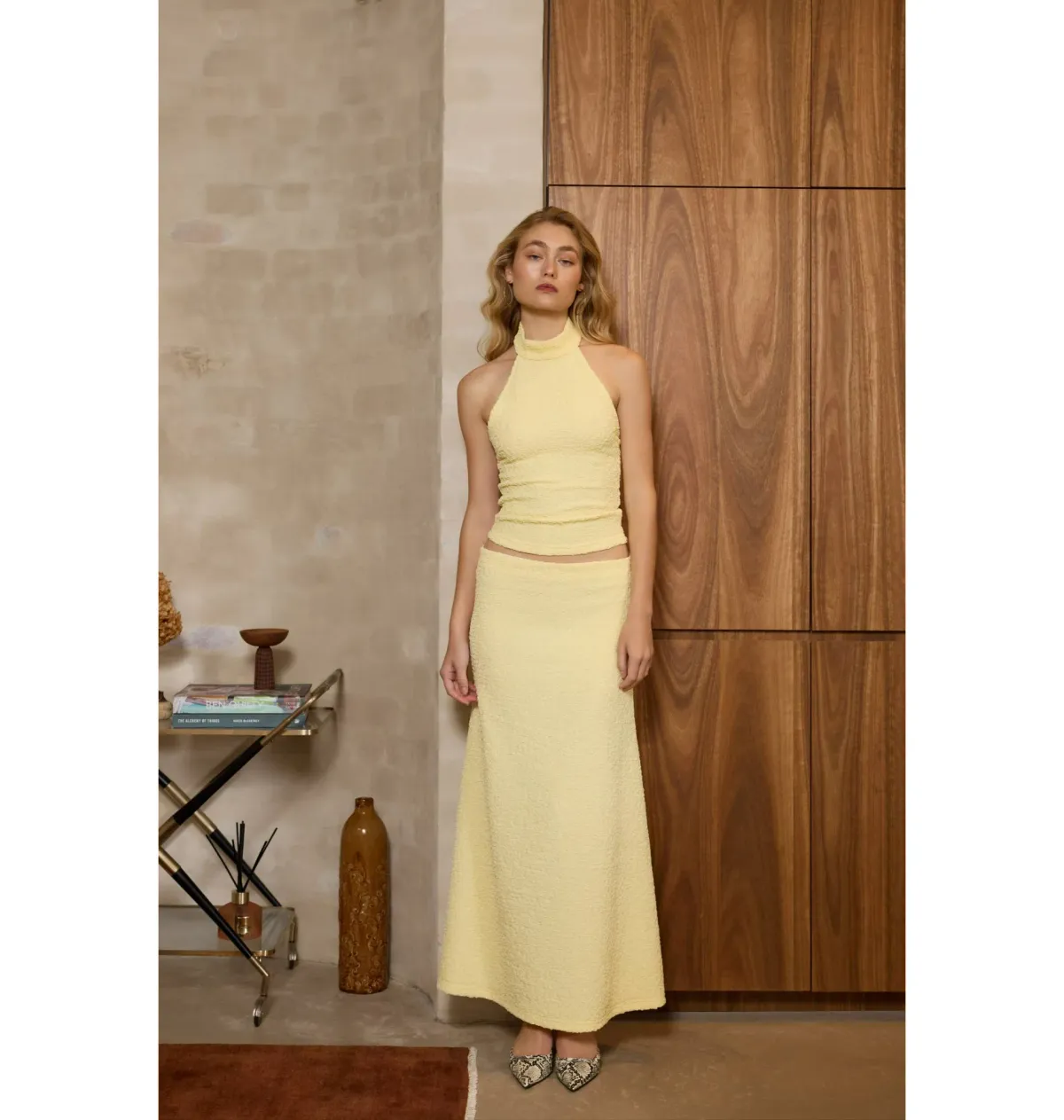 With Harper Lu Textured Halter Top and Maxi Skirt in Limoncello Set Size M / AU 10 - Image 1