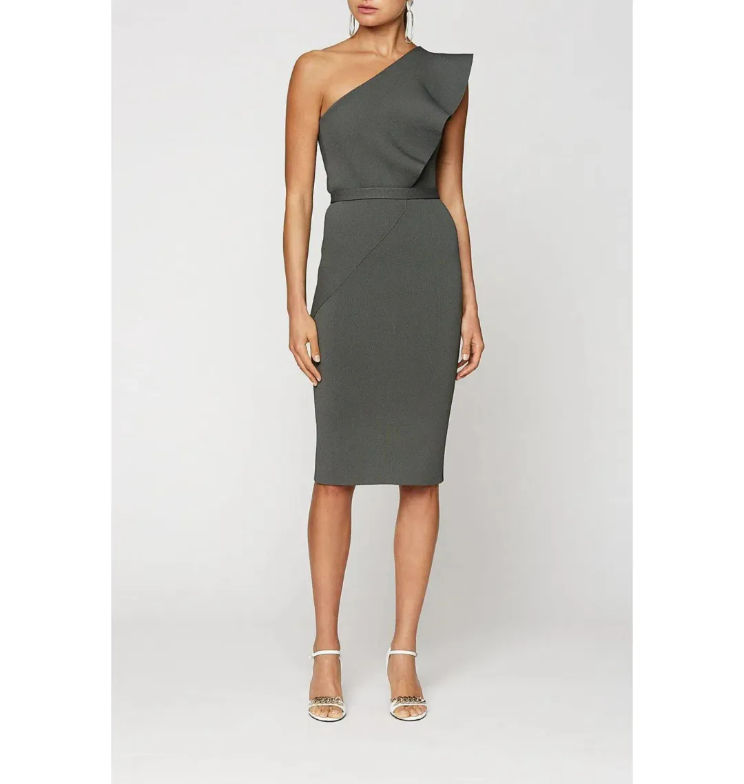Scanlan Theodore Crepe Knit One Shoulder Ruffle Midi Dress Khaki Size XS / AU 6  for rent on The Volte - main image