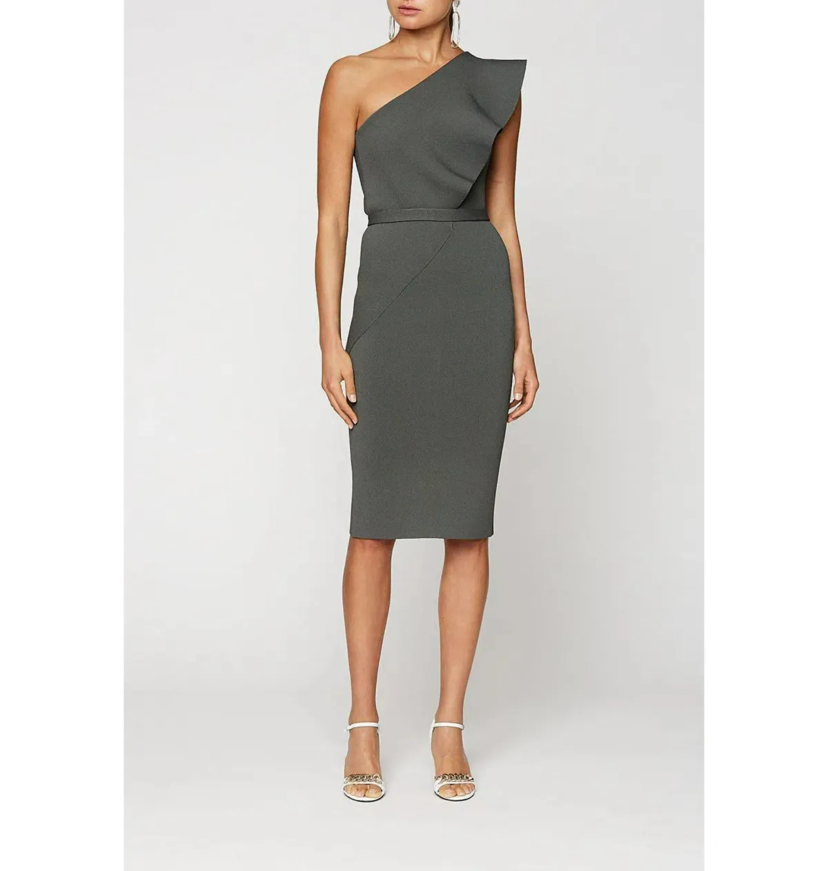 Scanlan Theodore Crepe Knit One Shoulder Ruffle Midi Dress Khaki Size XS / AU 6  - Image 1