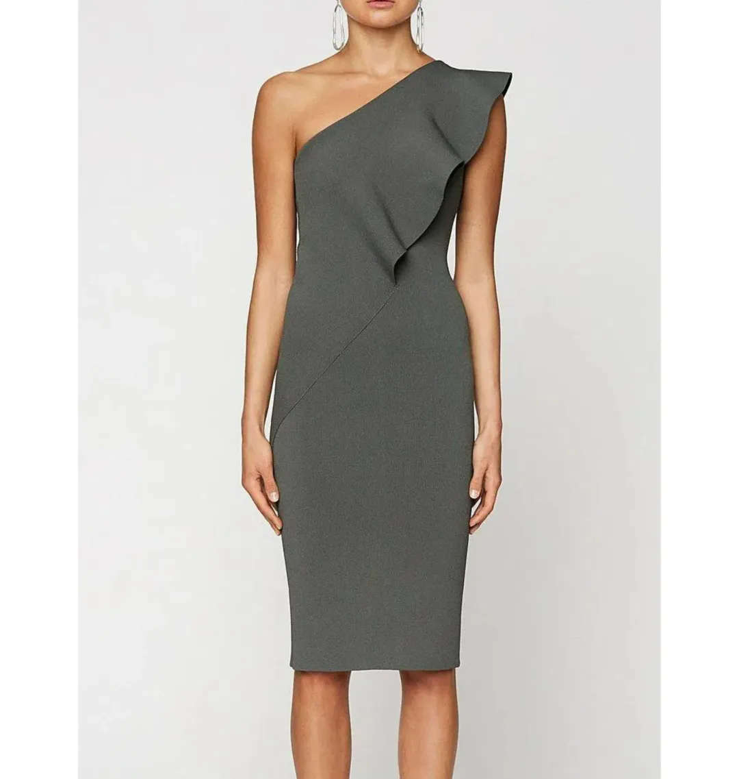 Scanlan Theodore Crepe Knit One Shoulder Ruffle Midi Dress Khaki Size XS / AU 6  for rent on The Volte - main image