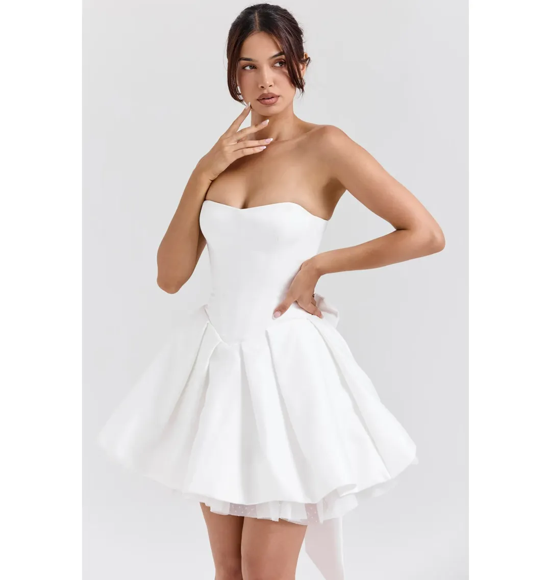 House of CB Noele Satin Strapless Bow Mini Gown White Size XS / AU 6 for rent on The Volte - main image