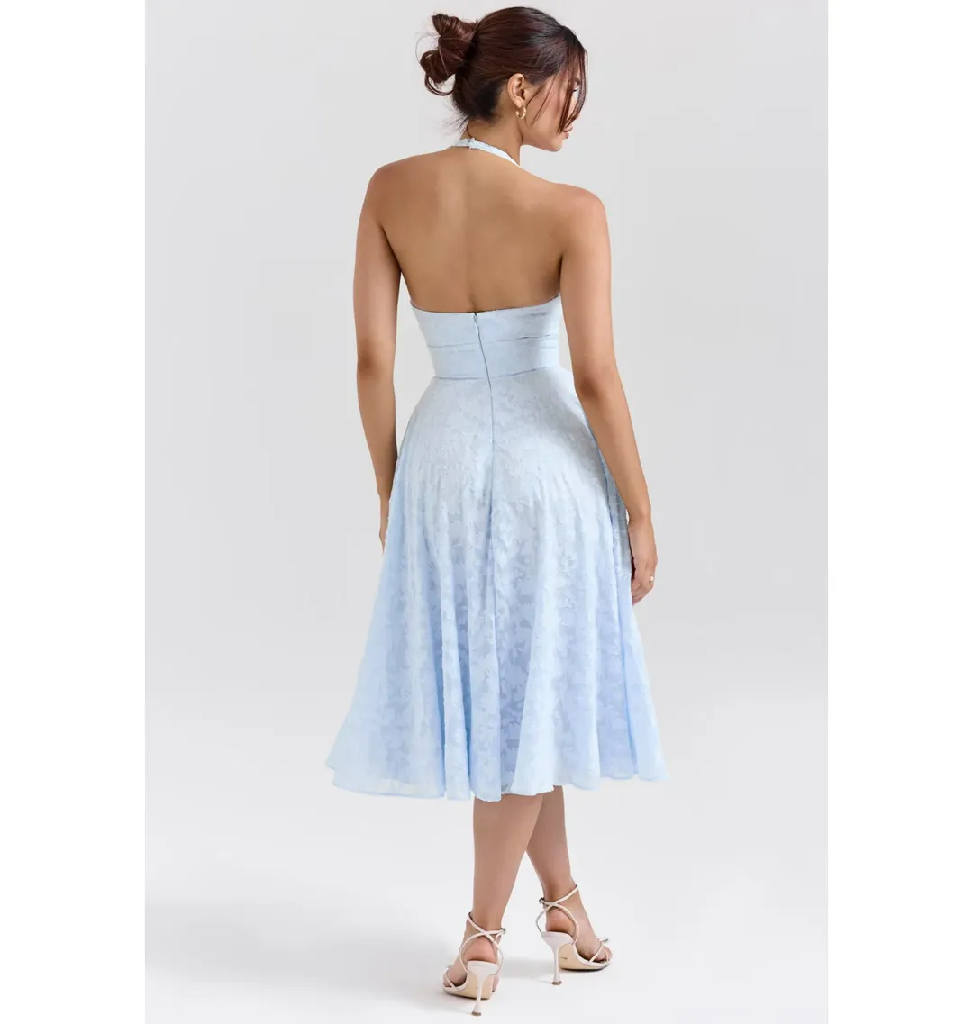 House of CB Arietta Jacquard Halter Midi Dress Bluebell Floral Size AU 6  for rent on The Volte - main image