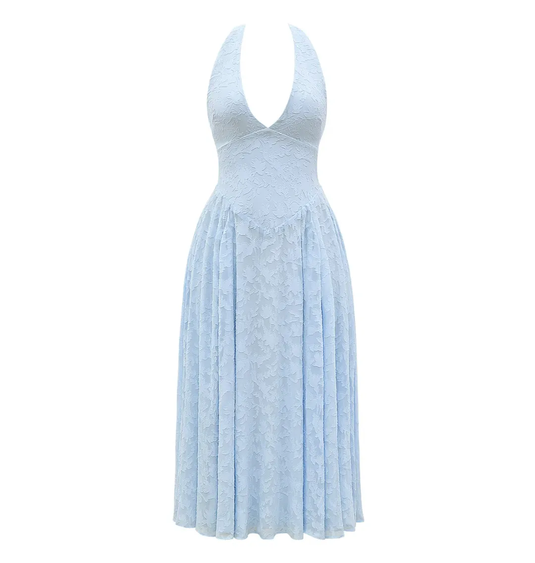 House of CB Arietta Jacquard Halter Midi Dress Bluebell Floral Size AU 6  for rent on The Volte - main image