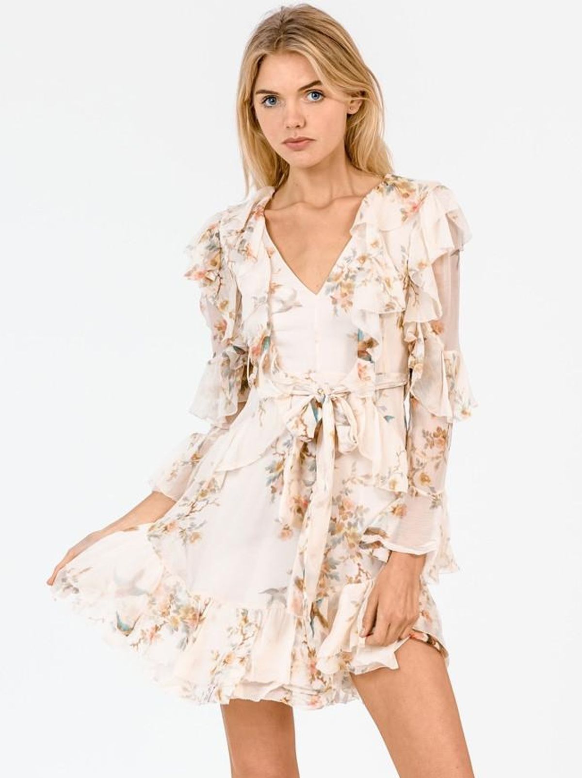 Zimmermann Folly Flutter Mini Dress Cream Bird Floral Size 8 - Image 2