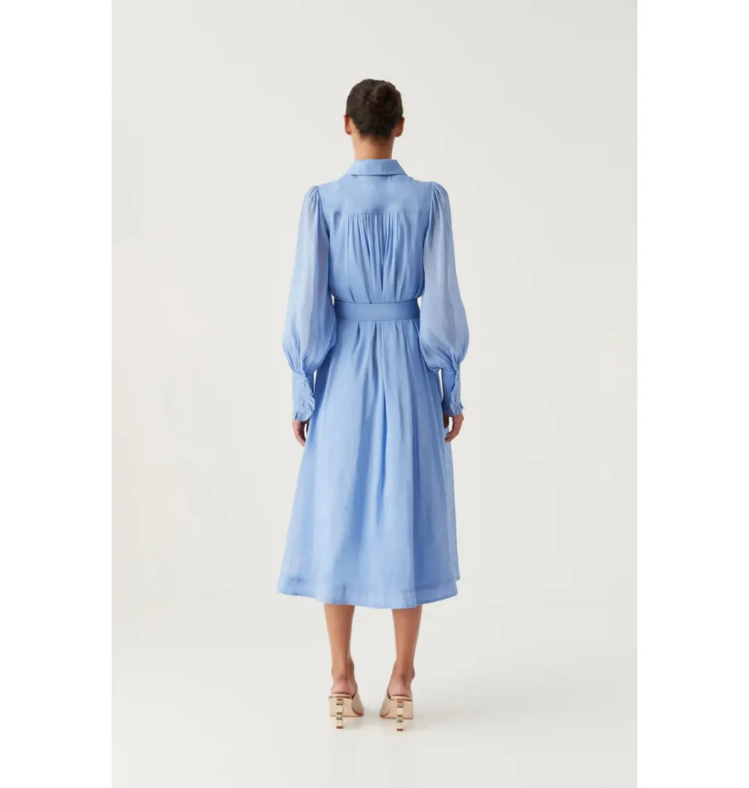 Aje Iris Pleated Bib Midi Dress Mist Blue Size AU 12 for rent on The Volte - main image
