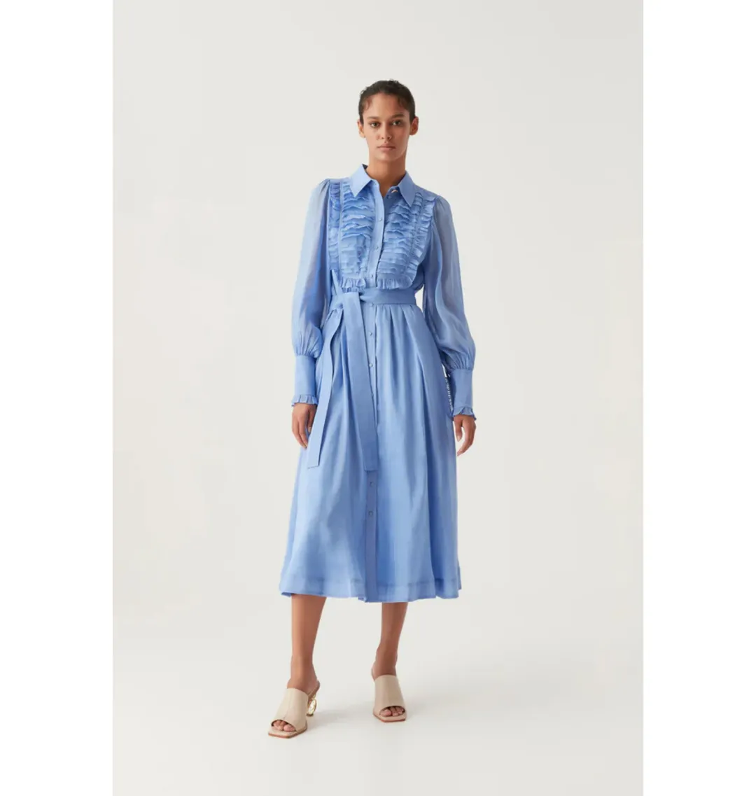 Aje Iris Pleated Bib Midi Dress Mist Blue Size AU 12 for rent on The Volte - main image