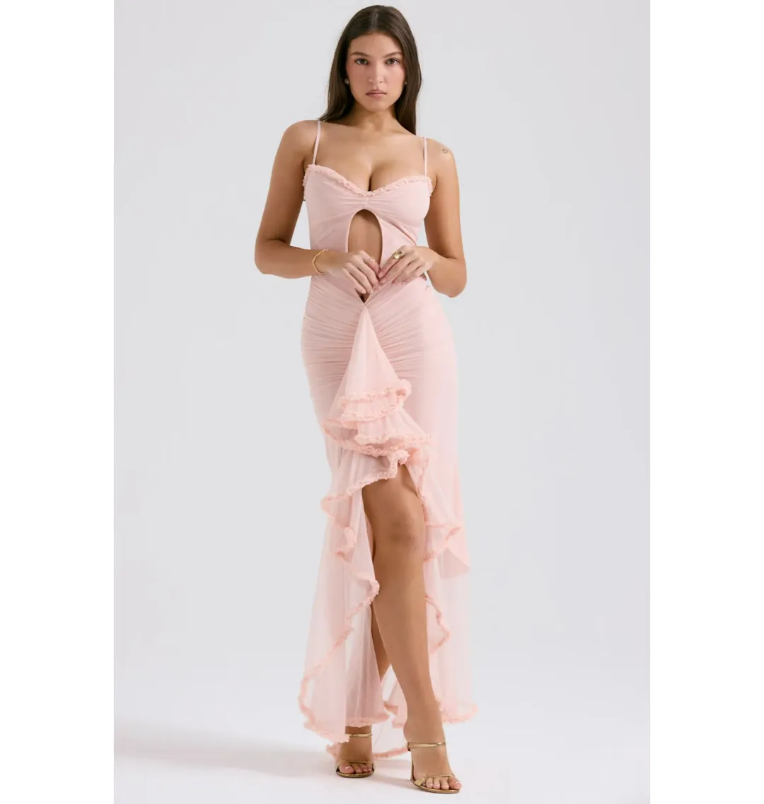 House of CB Gabriella Ruffled Front Gown Soft Peach Size S / AU 8 for rent on The Volte - main image