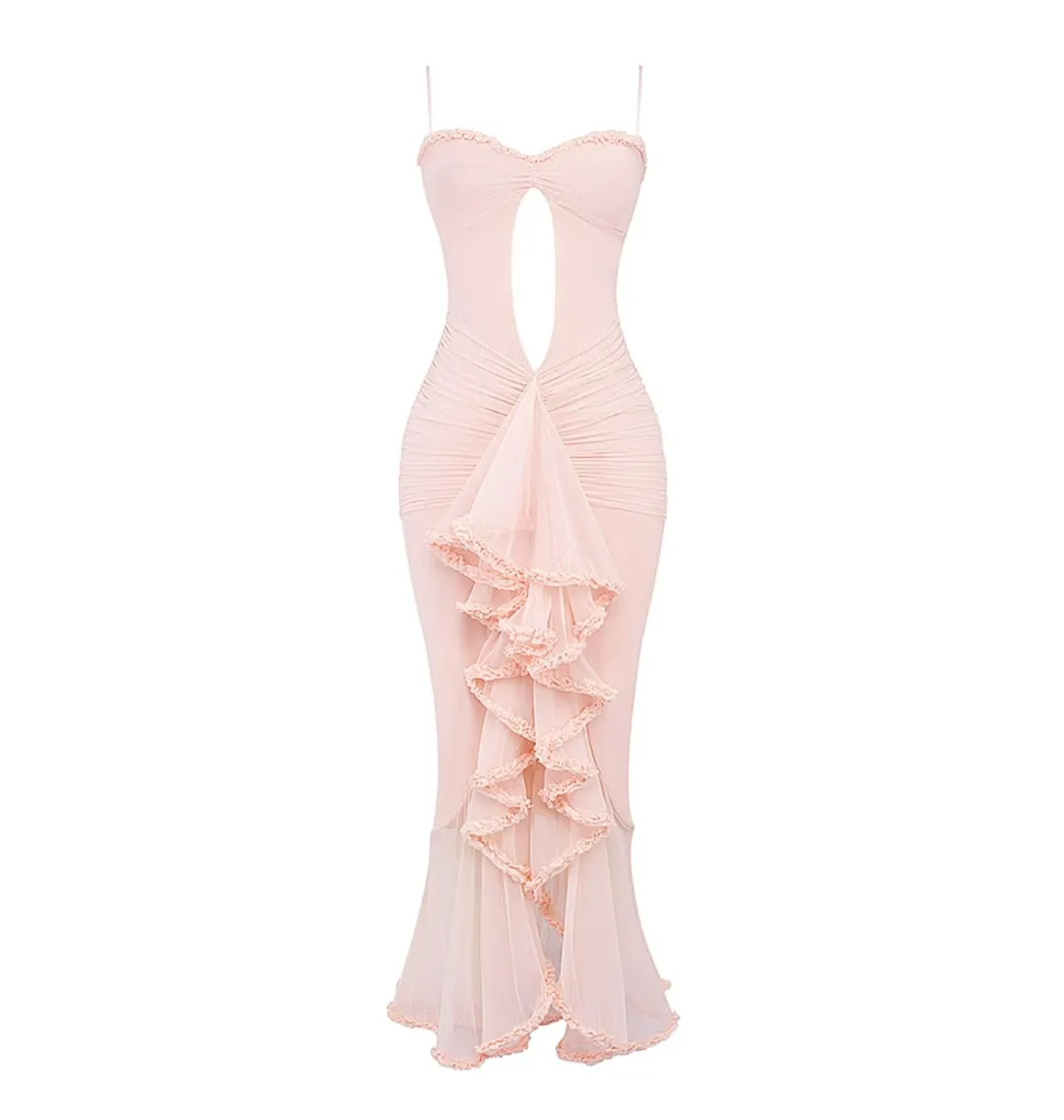 House of CB Gabriella Ruffled Front Gown Soft Peach Size S / AU 8 for rent on The Volte - main image