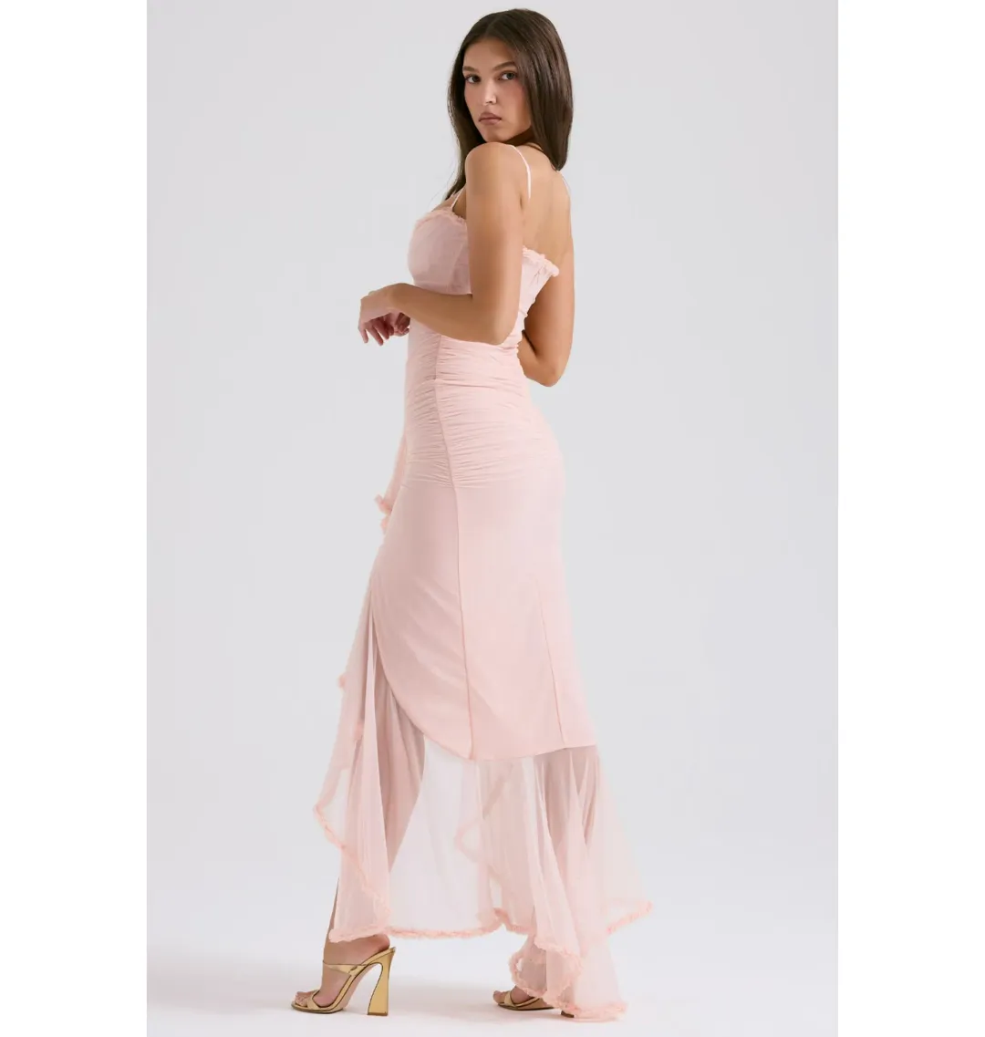 House of CB Gabriella Ruffled Front Gown Soft Peach Size S / AU 8 for rent on The Volte - main image