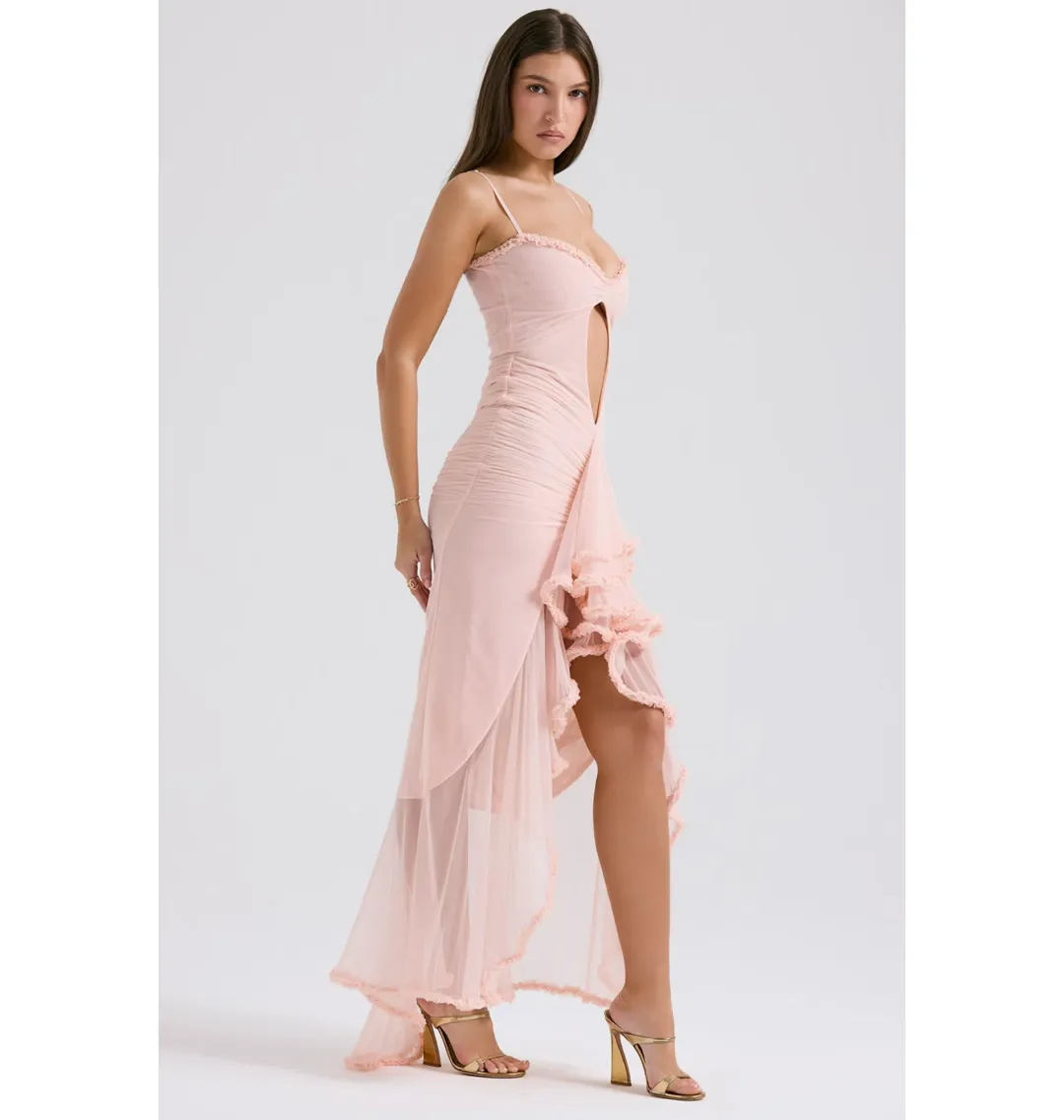 House of CB Gabriella Ruffled Front Gown Soft Peach Size S / AU 8 for rent on The Volte - main image