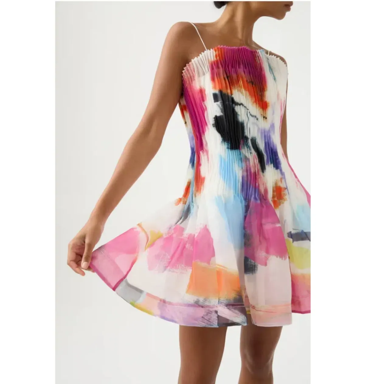 Aje Celestial Pleated Mini Dress Abstract Sunset Size AU 10  - Image 2