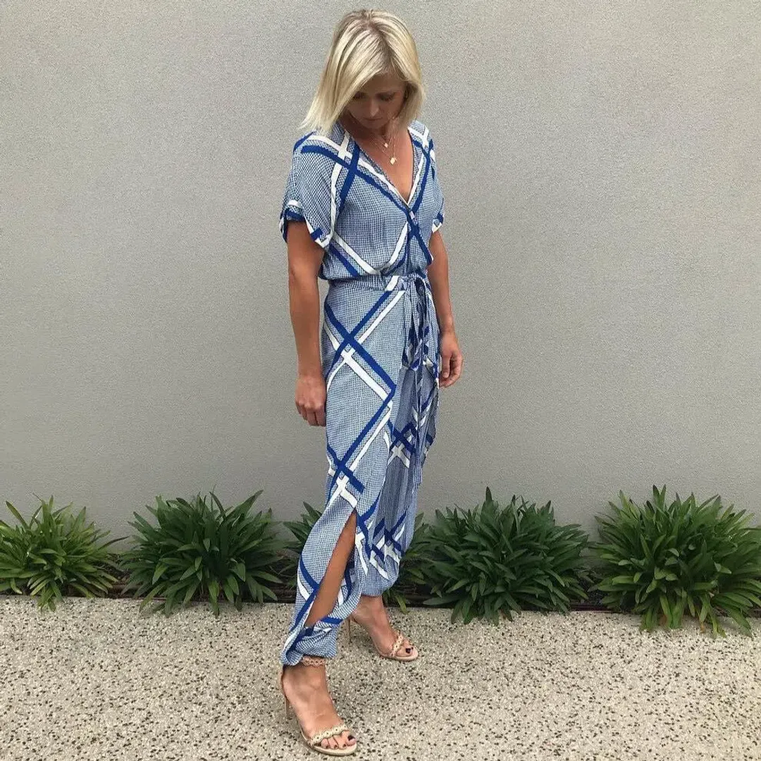 Sass & Bide The Flight Tigers & Lions Split Leg Jumpsuit Blue White Size 8 for rent on The Volte - main image