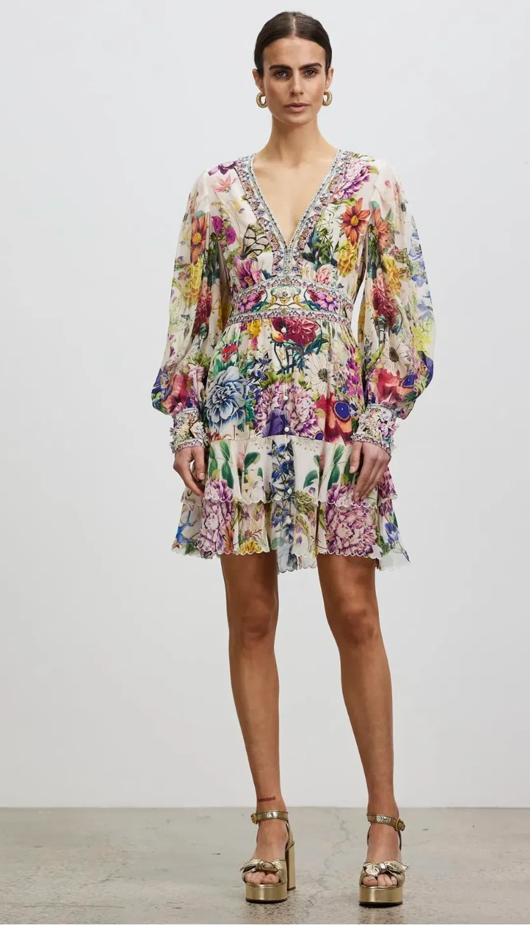 Camilla Button Front Frill Mini Dress in Queens Bee Hive Size XS / AU 8 for rent on The Volte - main image