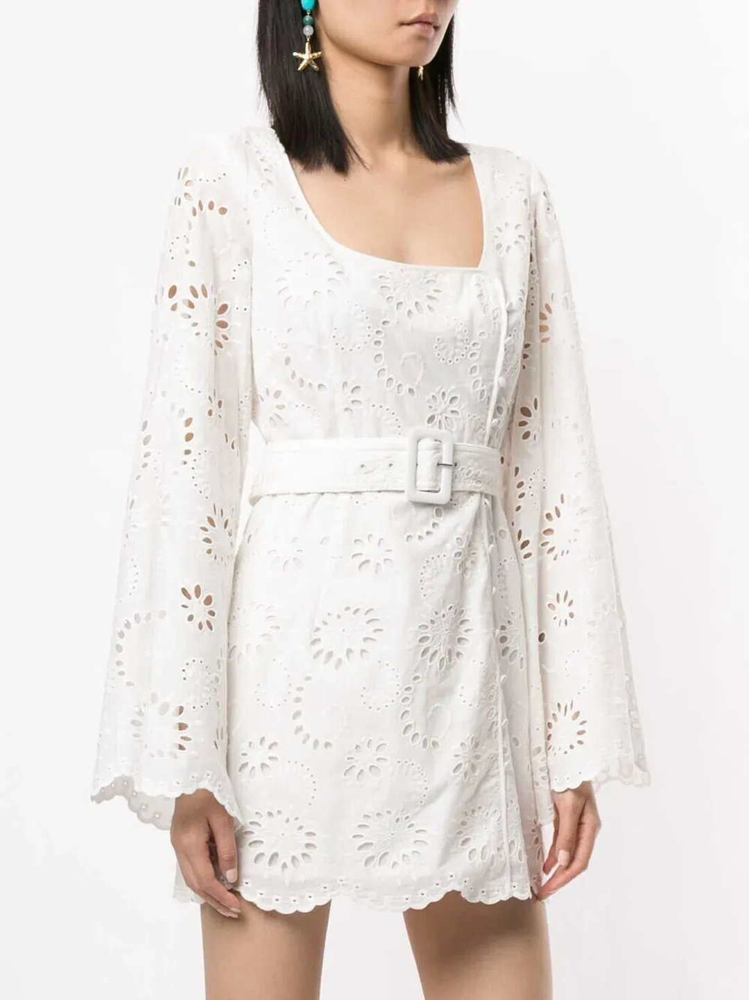Alice McCall Obscurity Broderie Anglaise Bell Sleeve Belted Mini Dress White Size 8 for rent on The Volte - main image