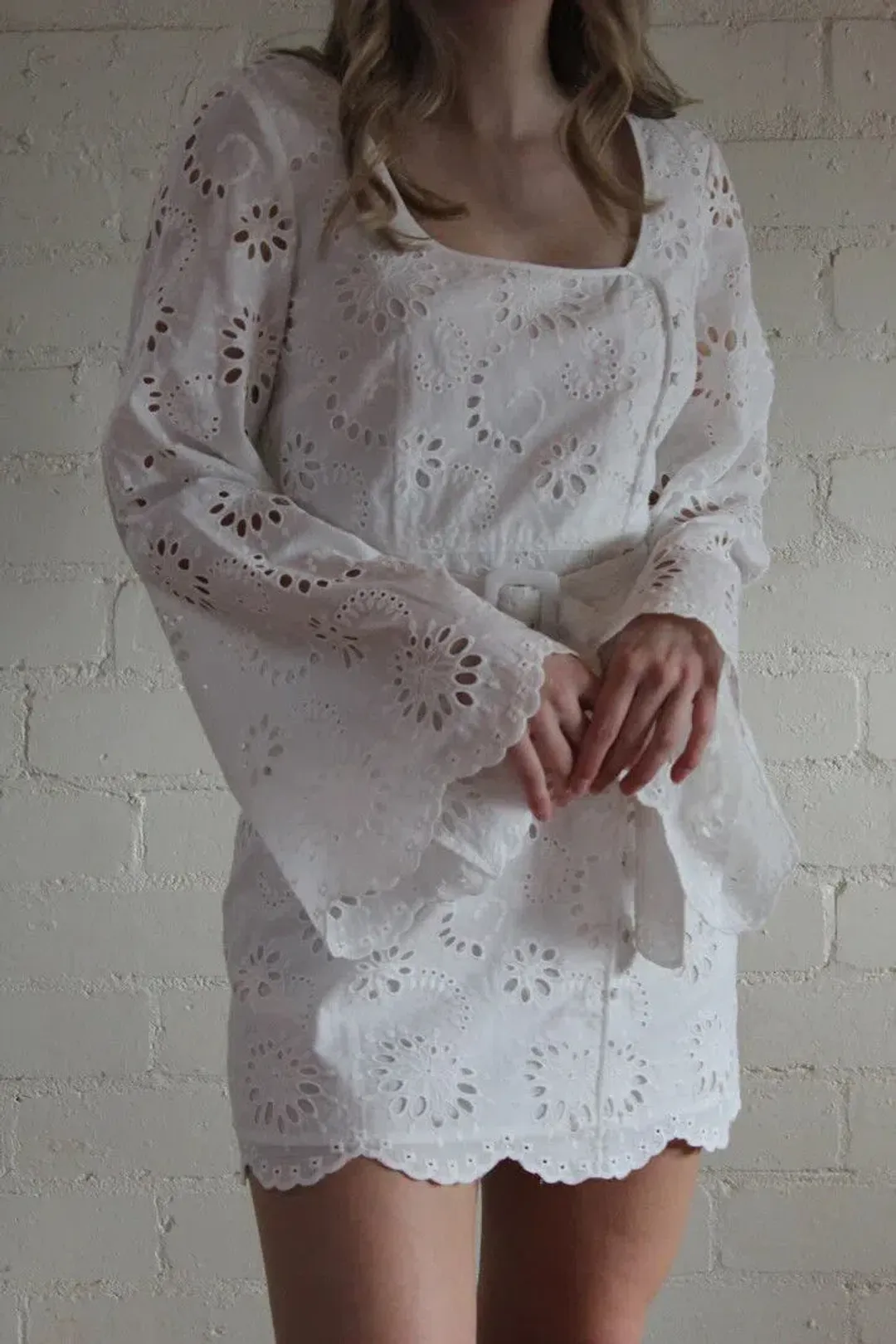 Alice McCall Obscurity Broderie Anglaise Bell Sleeve Belted Mini Dress White Size 8 for rent on The Volte - main image