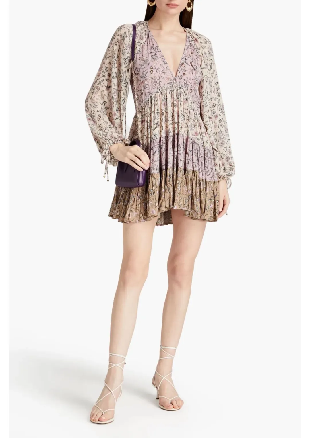 Tigerlily Livana Fabia Patchwork Long Sleeve Mini Dress Lilac Floral Size 12 for rent on The Volte - main image