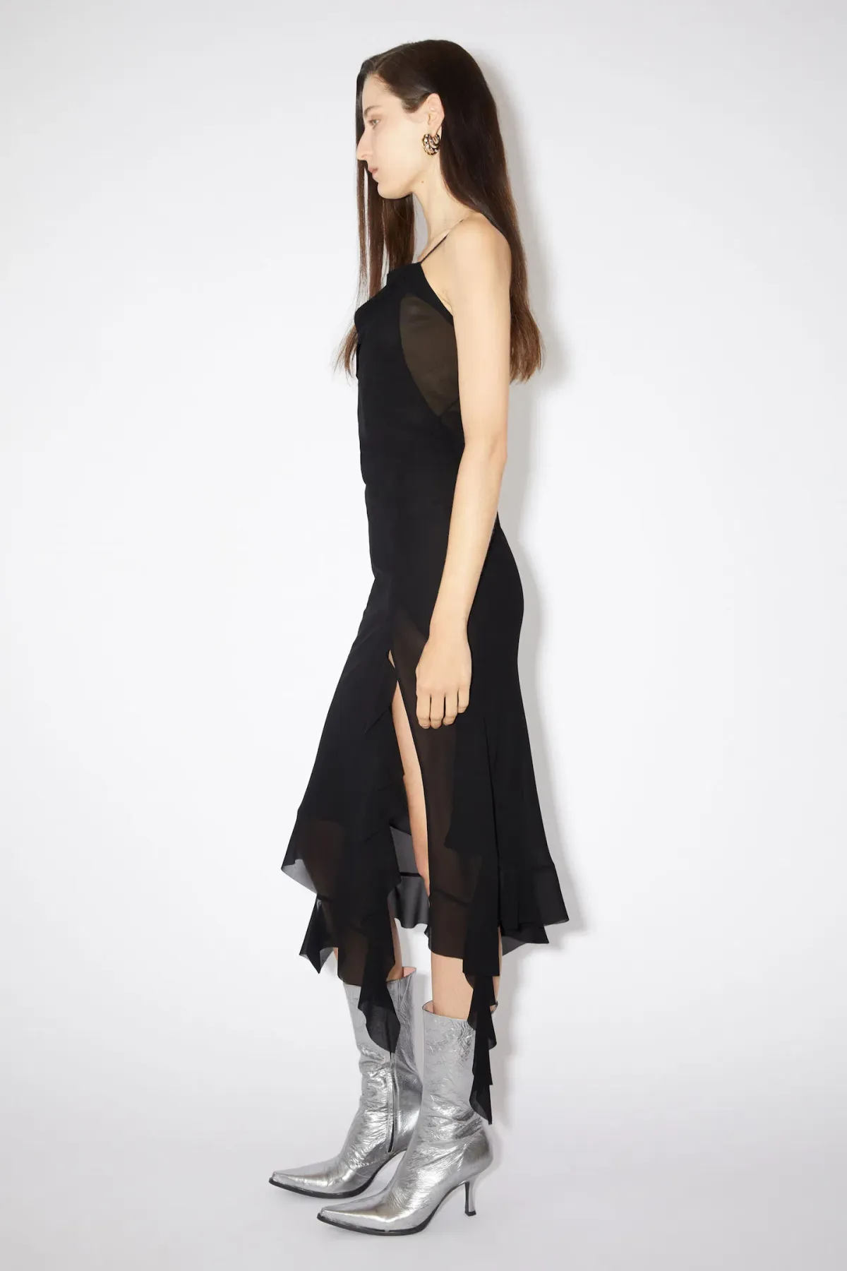 Acne Studios Asymmetrical Ruffled Midi Strap Dress in Black Size 10 - Image 2