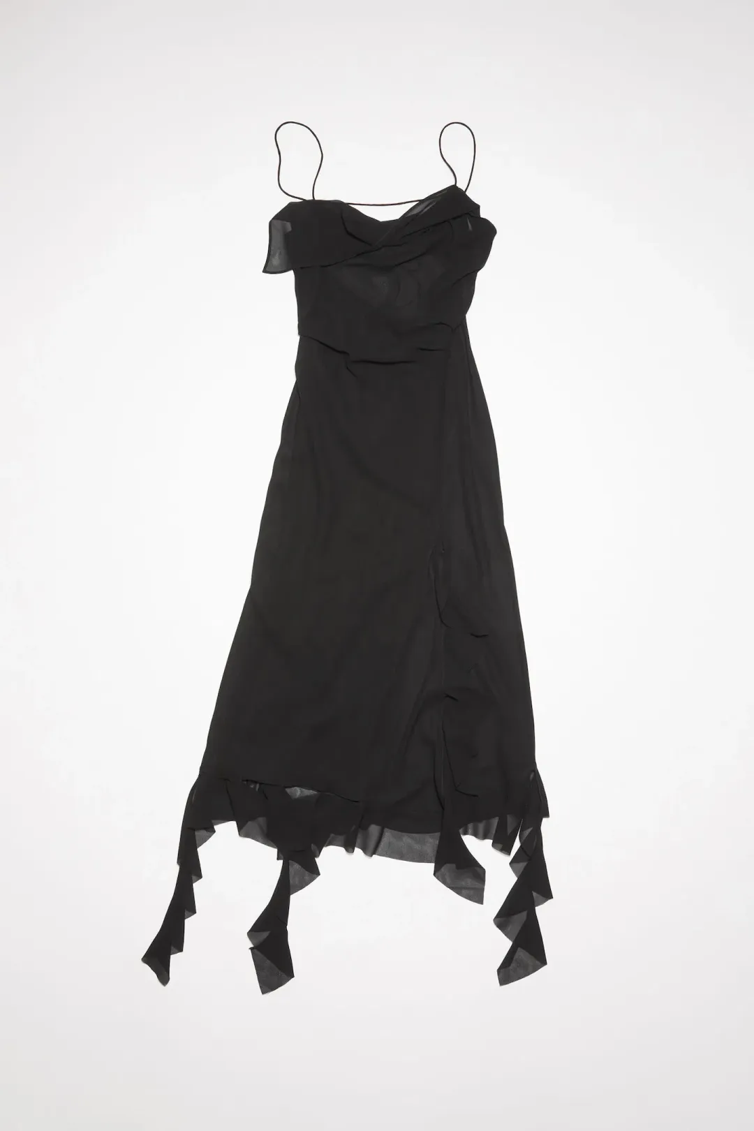 Acne Studios Asymmetrical Ruffled Midi Strap Dress in Black Size 10 for rent on The Volte - main image