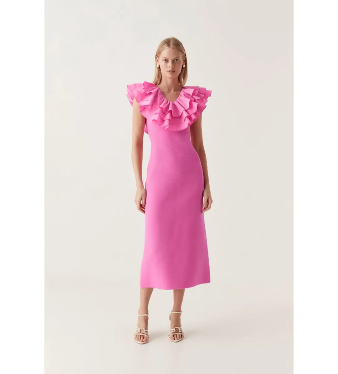 AJE Transcendent Ruffle Midi Dress Cerise Pink Size 8  for rent on The Volte - main image
