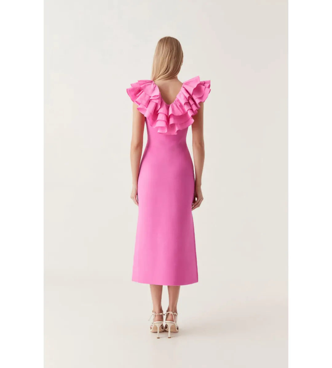 AJE Transcendent Ruffle Midi Dress Cerise Pink Size 8  for rent on The Volte - main image