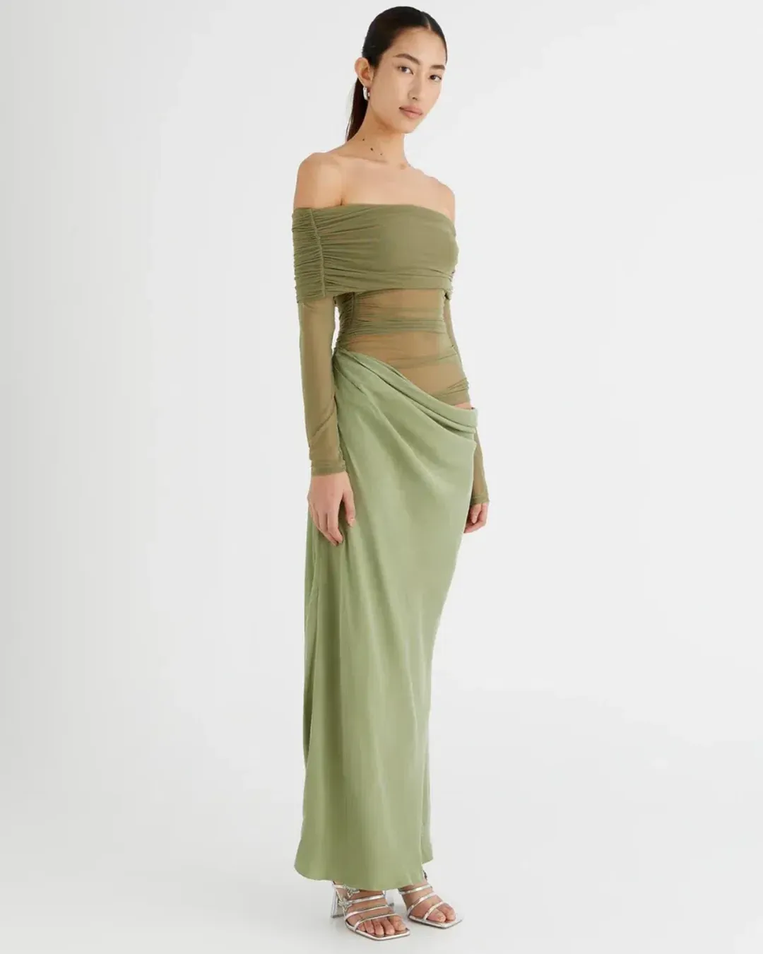 Benni Yasmin Off-Shoulder Maxi Dress Pistachio Size 8  for rent on The Volte - main image