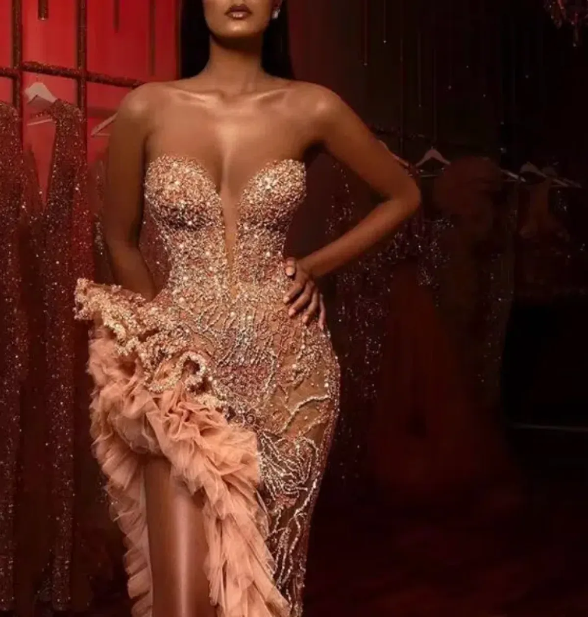 Albina Dyla Gold Tiered Tulle Maxi Split Dress Size 10 - Image 3