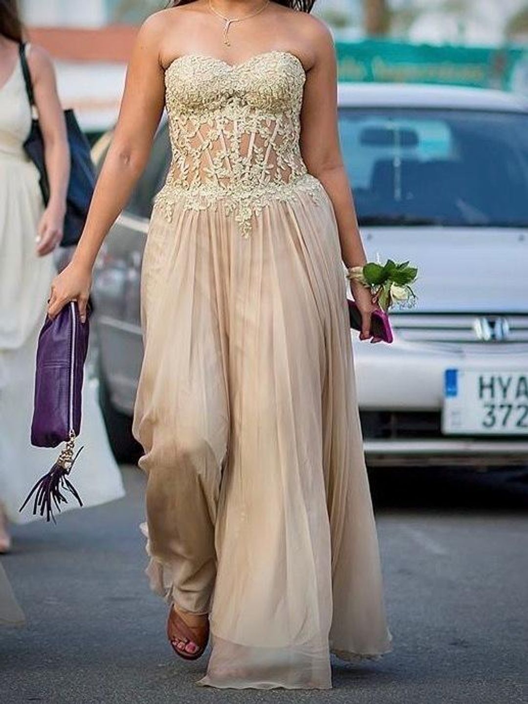 La Femme Strapless Gown Gold/Nude Size 8  for rent on The Volte - main image