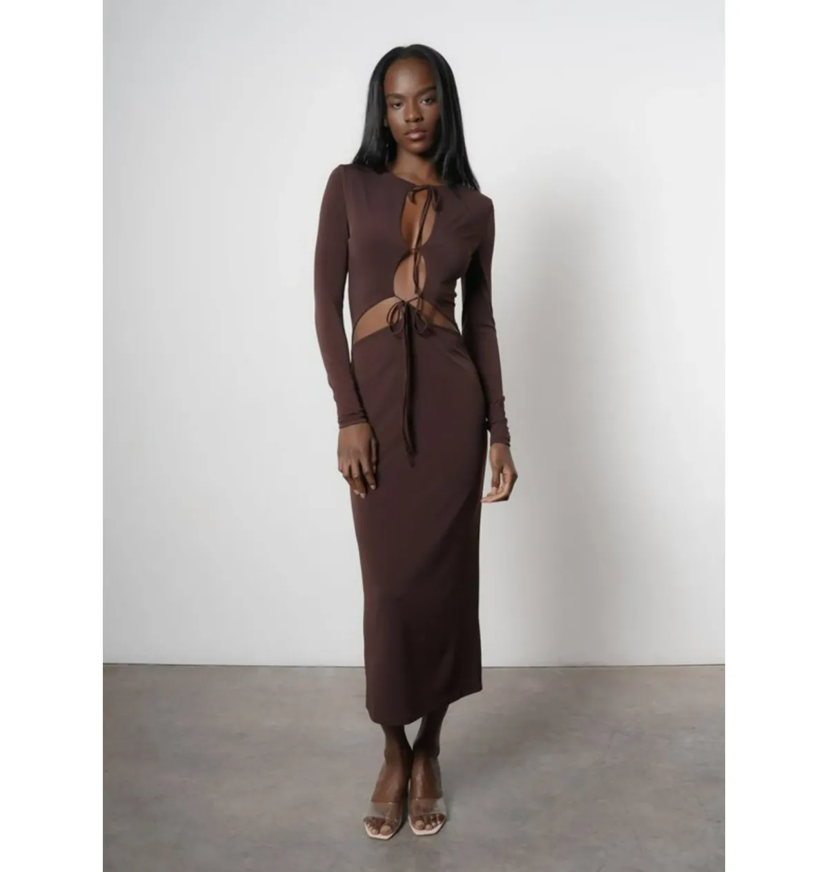 Aya Muse Perugia Drawstring Midi Dress Brown Size AU 6 - Image 1