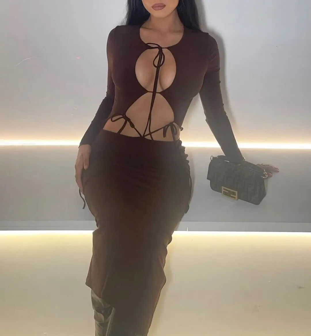 Aya Muse Perugia Drawstring Midi Dress Brown Size AU 6 for rent on The Volte - main image