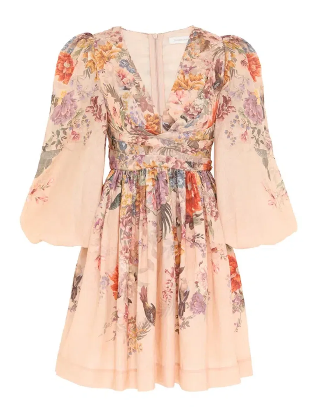 Zimmermann Pavilion Draped Mini Dress in Peach Multi Floral Size 3 / AU 14  for rent on The Volte - main image