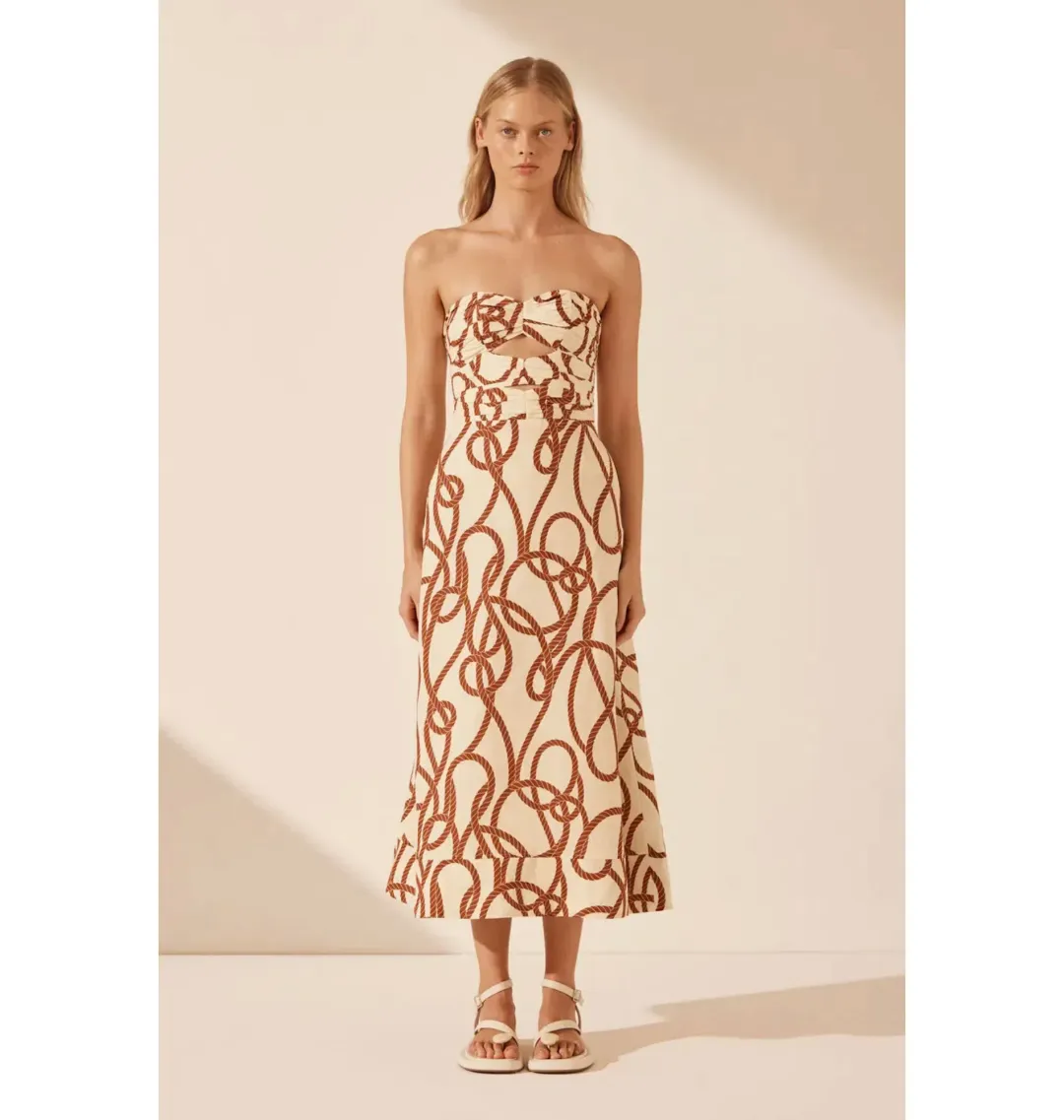 Shona Joy Mouillage Linen Strapless Cut Out A-Line Midi Dress Mouillage Print Size AU 12 for rent on The Volte - main image