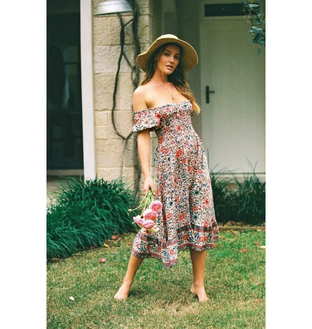 Arnhem Juliette Shirred Midi Dress in Ivory Rose Size AU 8  for rent on The Volte - main image