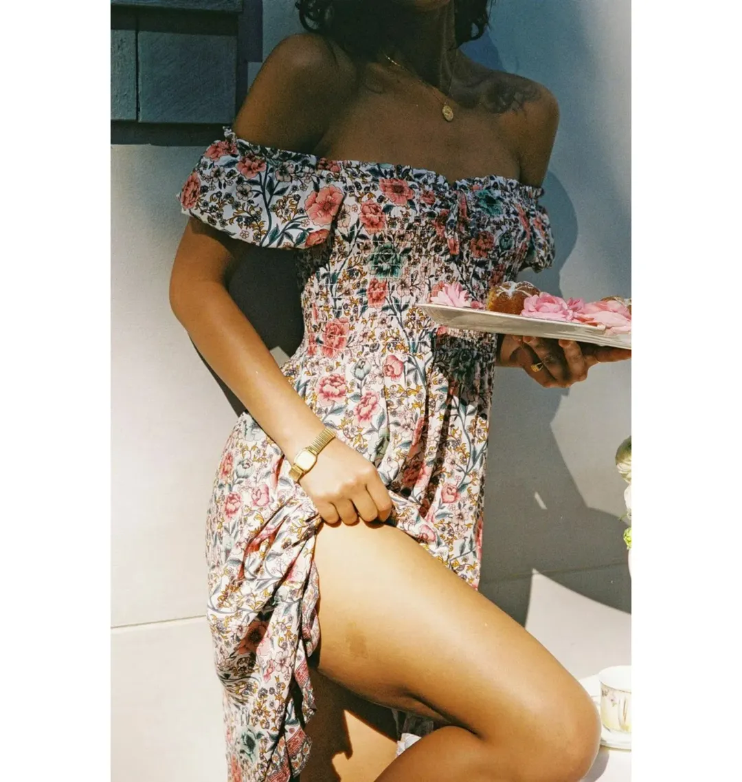 Arnhem Juliette Shirred Midi Dress in Ivory Rose Size AU 8  for rent on The Volte - main image