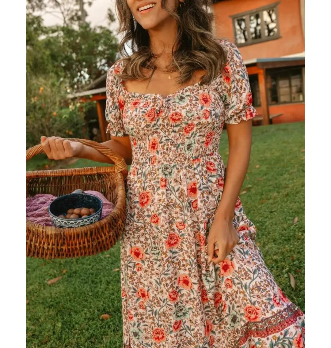 Arnhem Juliette Shirred Midi Dress in Ivory Rose Size AU 8  for rent on The Volte - main image