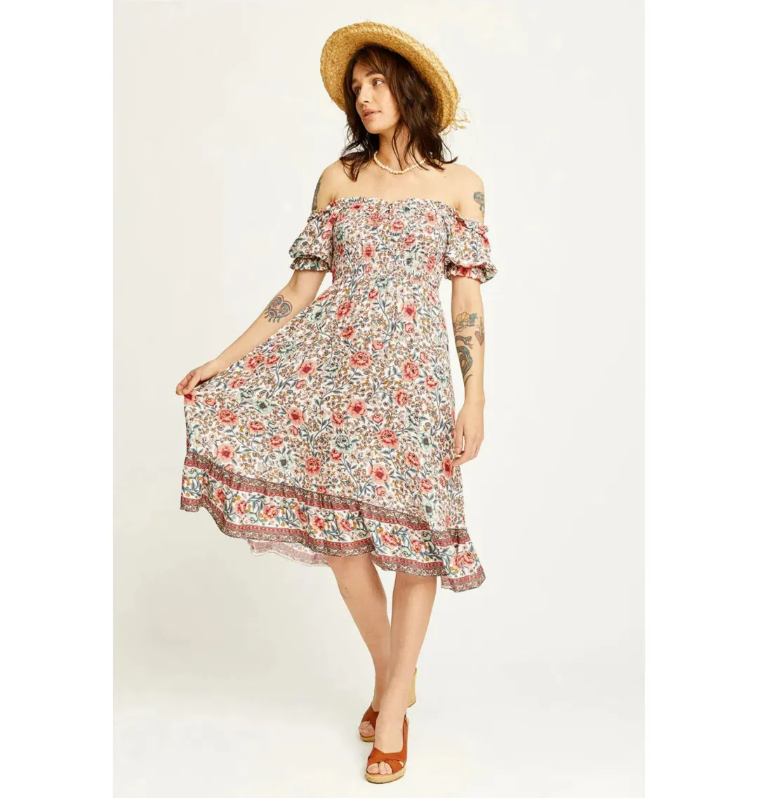 Arnhem Juliette Shirred Midi Dress in Ivory Rose Size AU 8  for rent on The Volte - main image