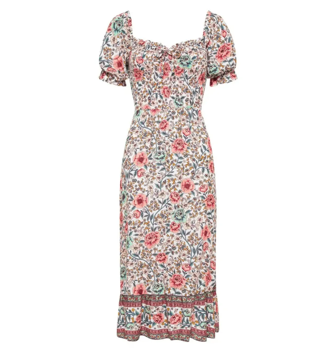 Arnhem Juliette Shirred Midi Dress in Ivory Rose Size AU 8  for rent on The Volte - main image