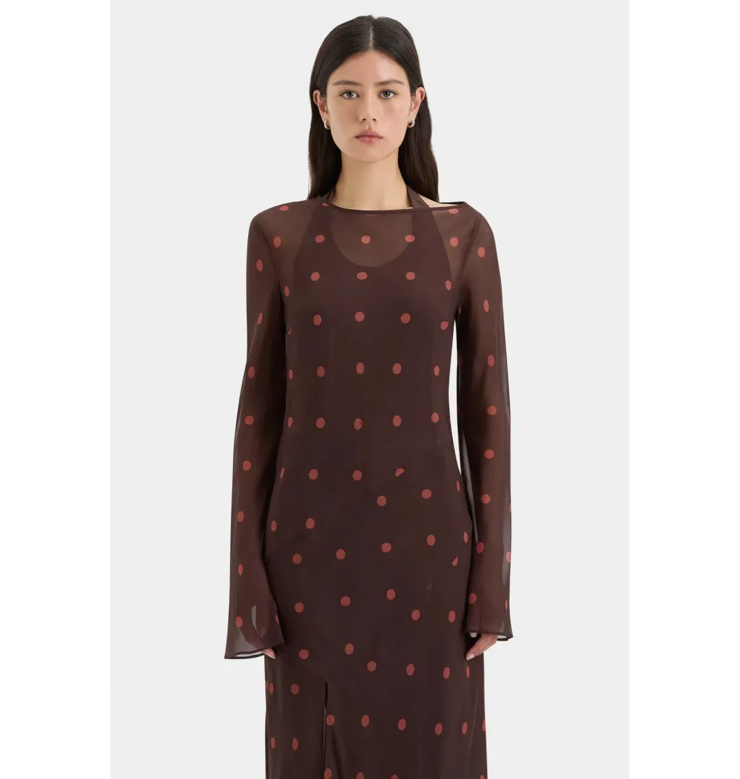 Sir The Label Toni Long Sleeve Dress in Chocolate Polka Dot Size 1 / AU 8 for rent on The Volte - main image
