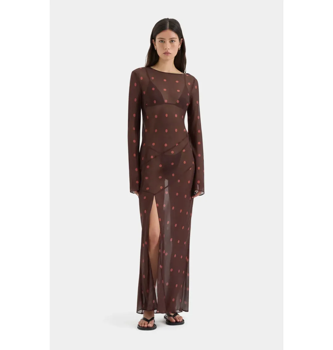 Sir The Label Toni Long Sleeve Dress in Chocolate Polka Dot Size 1 / AU 8 for rent on The Volte - main image