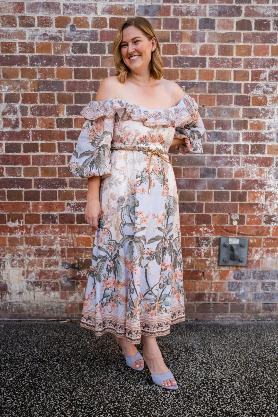 Zimmermann Wylie Off Shoulder Midi Dress Blue Floral Size 3 / AU 14 for rent on The Volte - main image