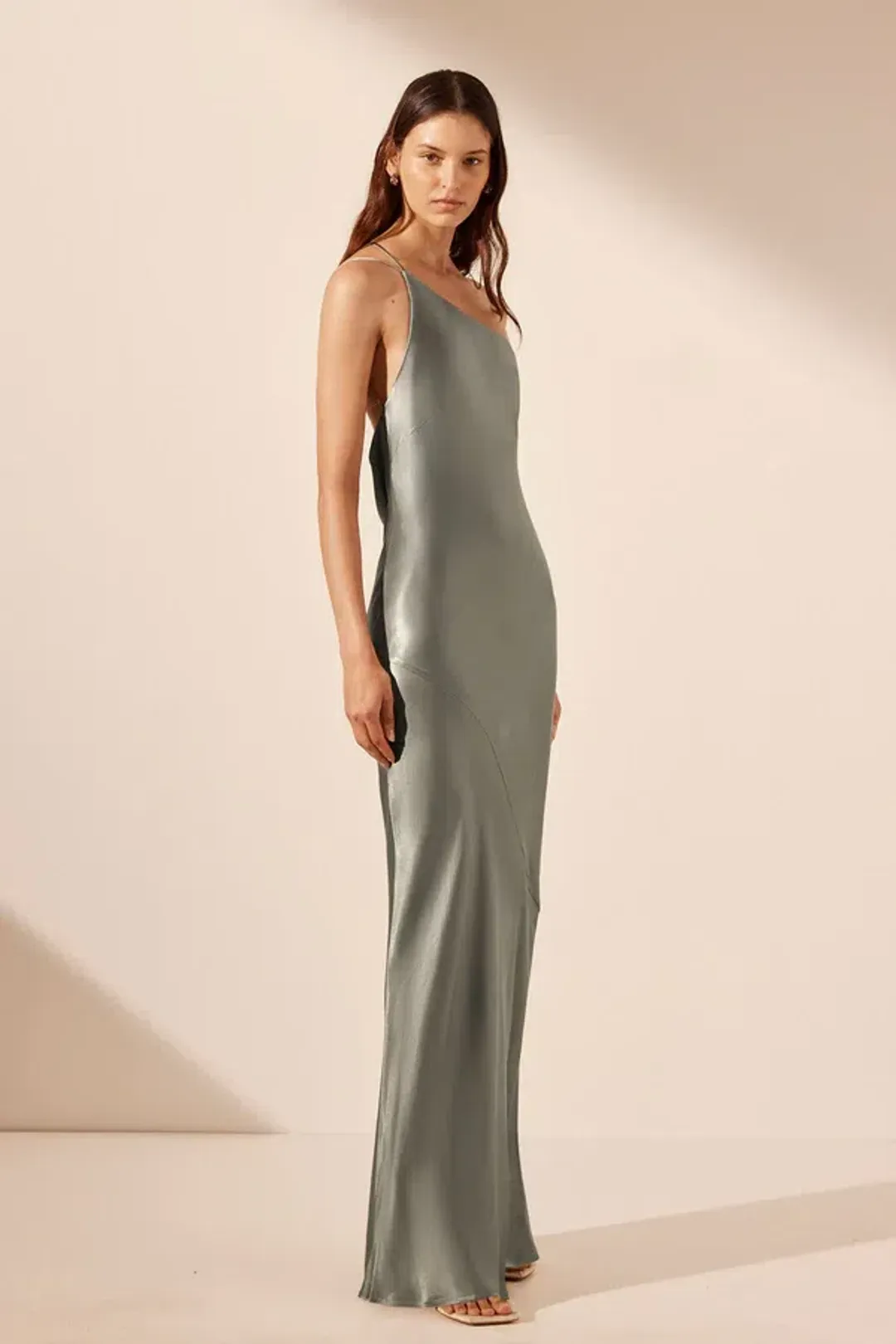 Shona Joy La Lune One Shoulder Cowl Back Maxi Dress Sage Green Size S / AU 8 for rent on The Volte - main image