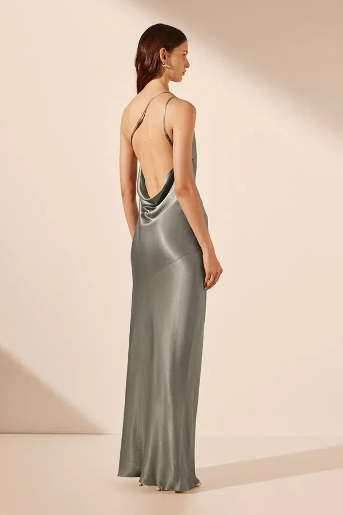 Shona Joy La Lune One Shoulder Cowl Back Maxi Dress Sage Green Size S / AU 8 - Image 3