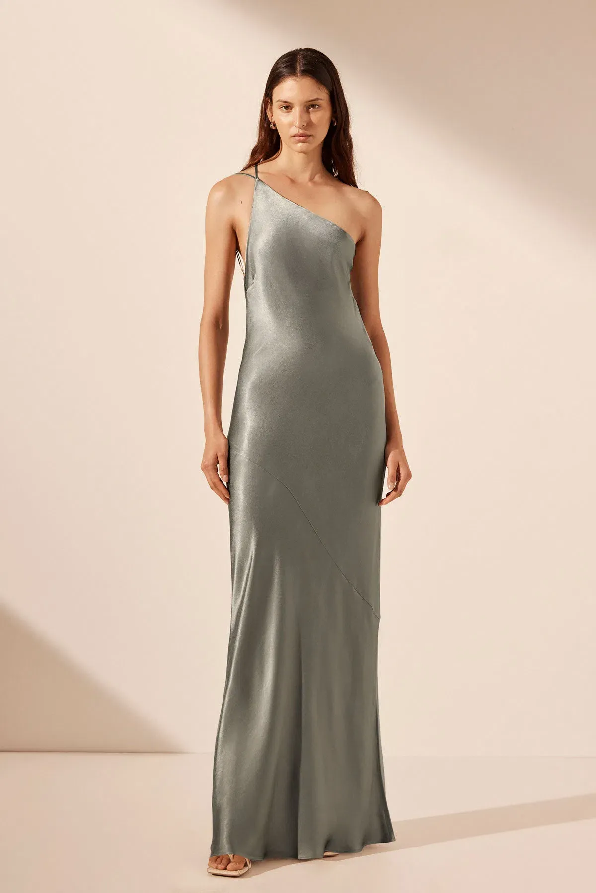 Shona Joy La Lune One Shoulder Cowl Back Maxi Dress Sage Green Size S / AU 8 - Image 1
