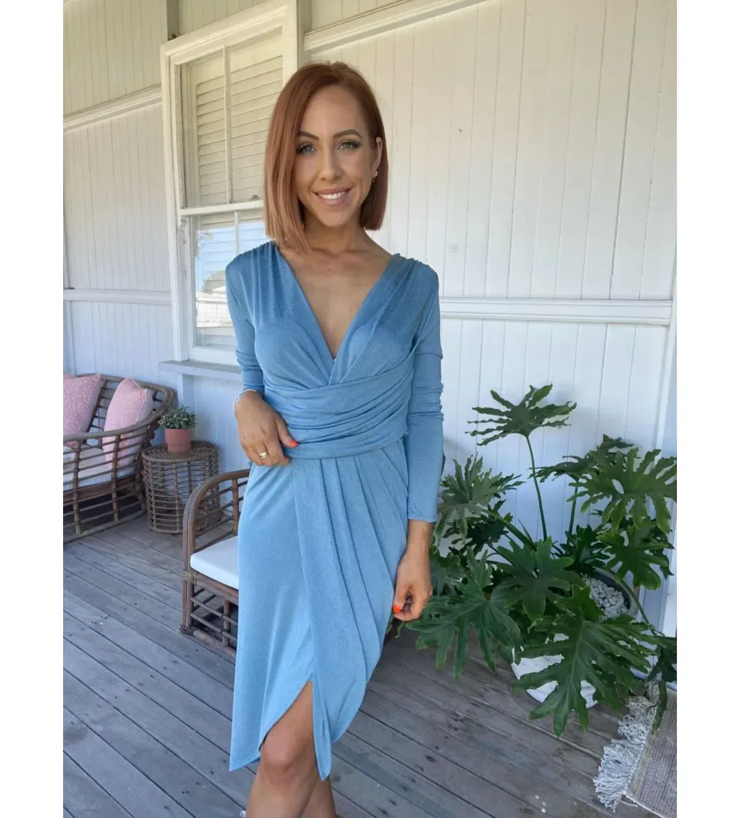 Sheike Isla Wrap Jersey Long Sleeve Drape Front Stretch Midi Dress Blue Size 16  for rent on The Volte - main image