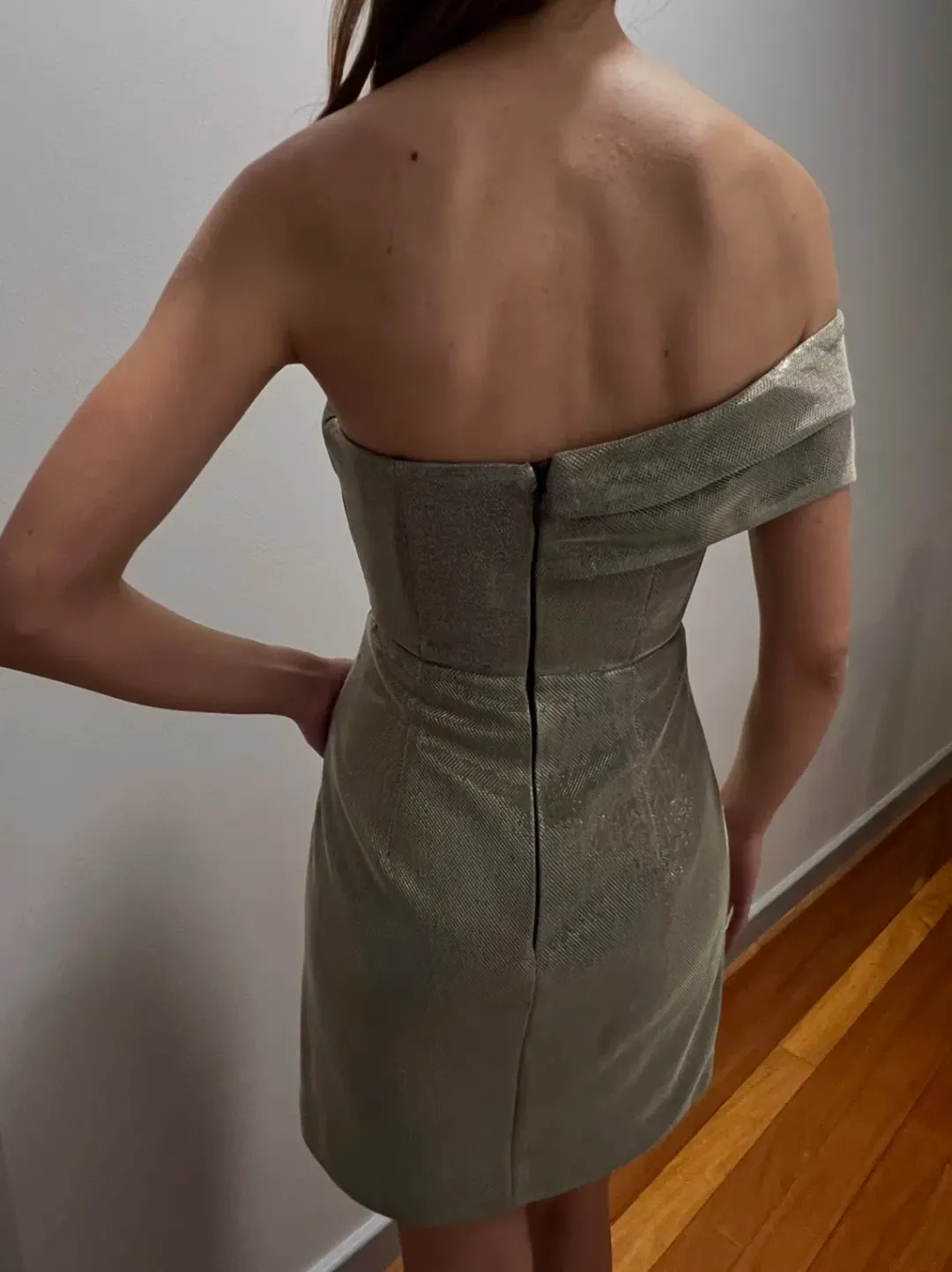 Sheike Cosmic Off Shoulder Mesh Mini Dress Silver Size 6 for rent on The Volte - main image