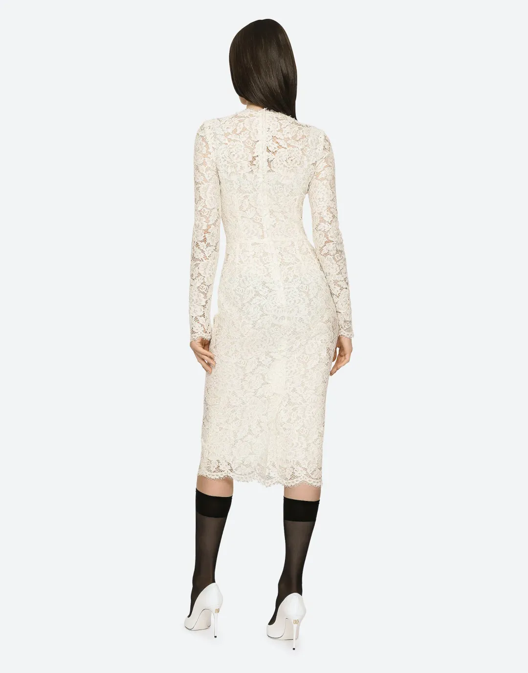 Dolce & Gabbana Branded Stretch Silk Lace Midi Dress Cream Size 36 (AU 6) for rent on The Volte - main image