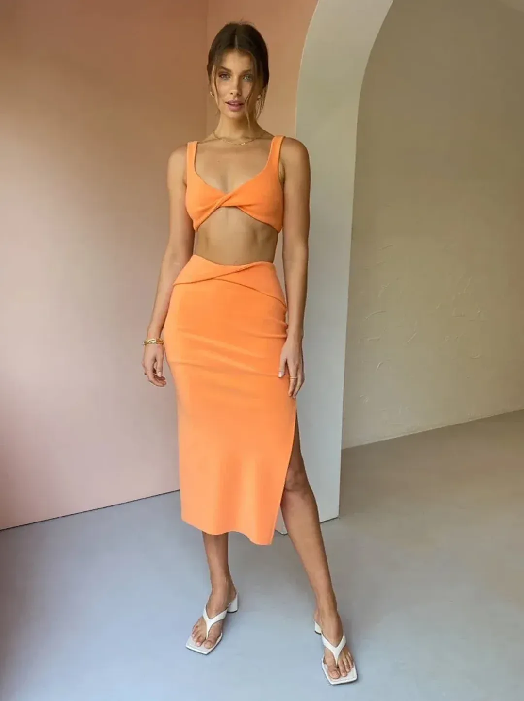 Bec & Bridge Clover Top and Midi Skirt Set Nectarine Size 8 for rent on The Volte - main image