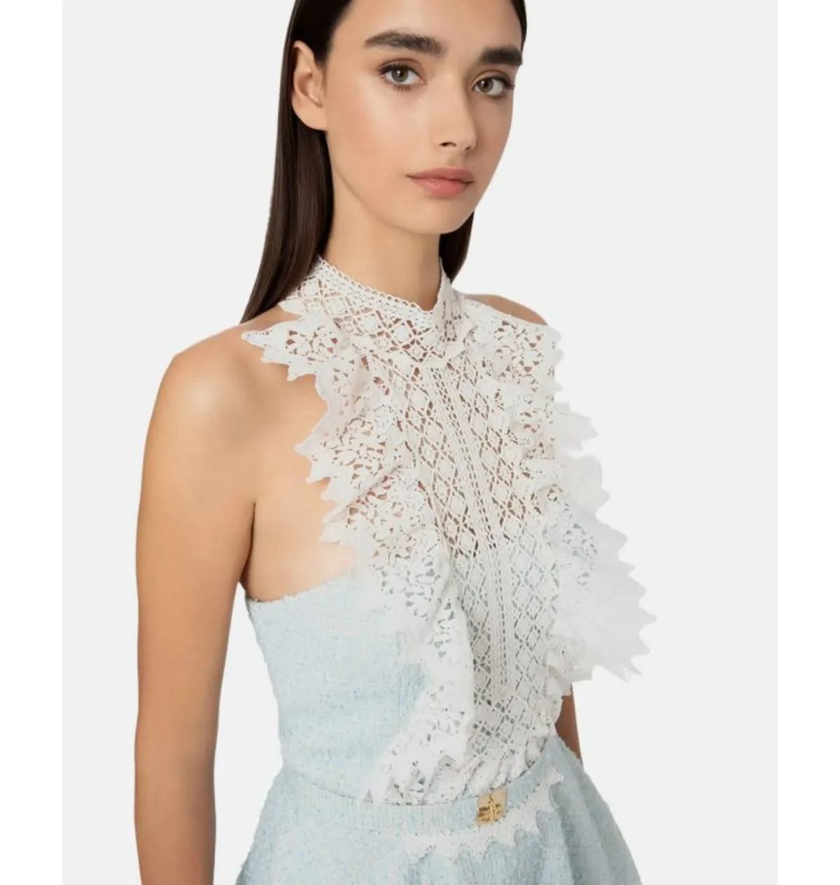 Elisabetta Franchi Lace Neck Short Dress Blue Size 0 / AU 6, Italian 38 - Image 2