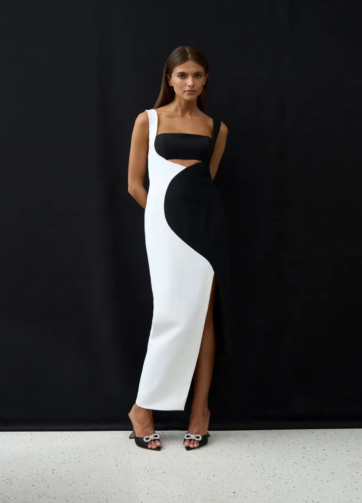 By Johnny Caterina Two Tone Curve Midi Dress Black/White Size AU 10 - Image 1