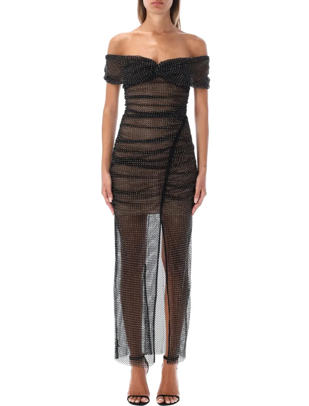 Self Portrait Diamante Fishnet Off Shoulder Midi Dress Black Size 10 - Image 2