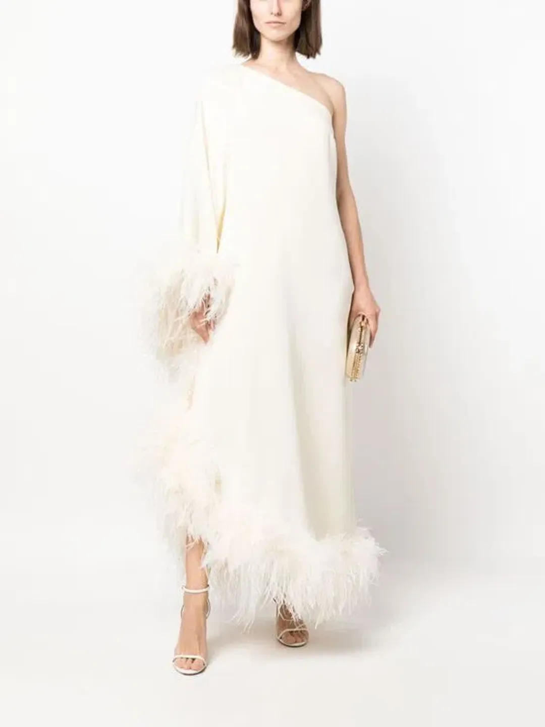 Taller Marmo Ubud One Shoulder Feather Trimmed Crepe Maxi Dress Ivory Size 38 / AU 6 for rent on The Volte - main image